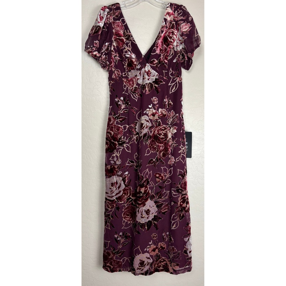 Lulus Loving Approach Purple Floral Burnout Velvet Midi Dress Puff Sleeve M 2428